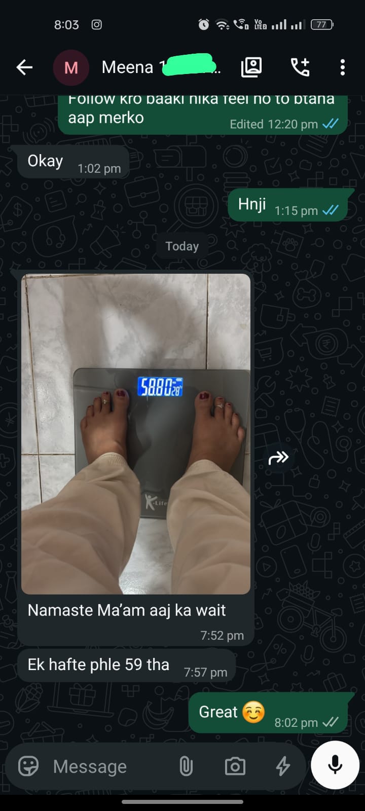 WhatsApp review showing weighing scale at 58.80 kg after weekly progress