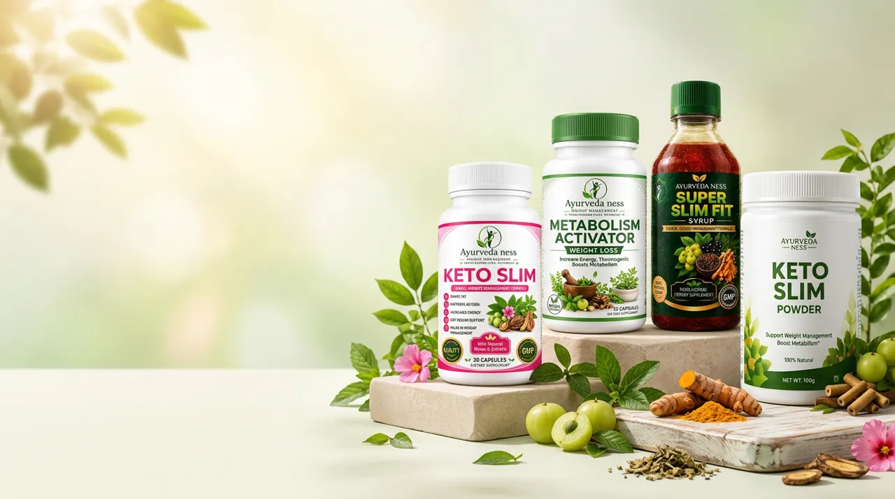 Ayurveda Ness weight management products — Keto Slim, Metabolism Activator, Super Slim Fit syrup aur Keto Slim Powder