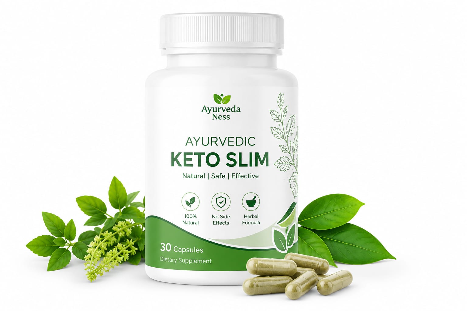 Ayurveda Ness Ayurvedic Keto Slim capsules bottle with herbs